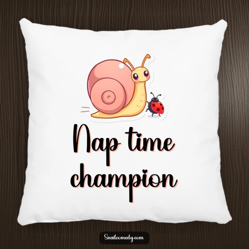 Funny pillow showing a snail character happily racing a tiny ladybug, adding comfort and humor to any space.