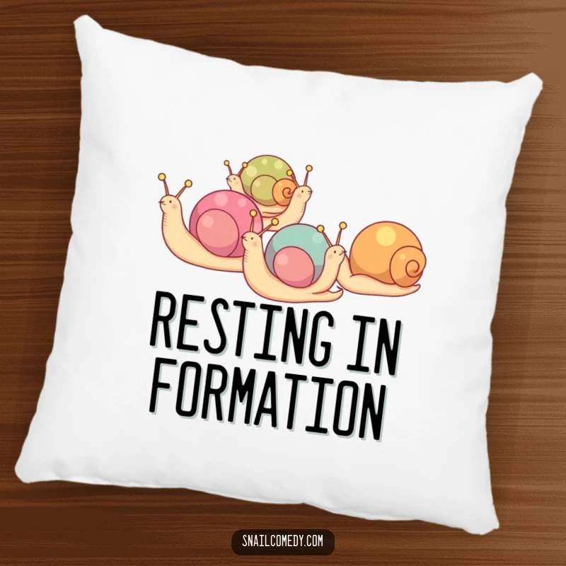 Funny pillow with snails having colorful shells, marching in a line, adding comfort and charm.