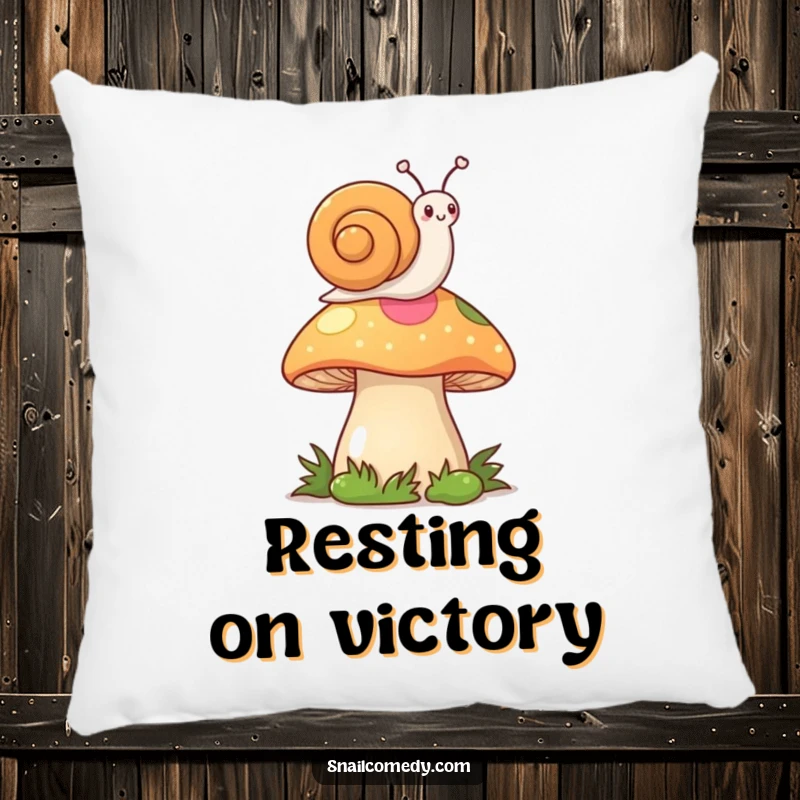 Funny Kawaii Snail Pillow: Soft and cute snail waving flag from mushroom, perfect for a funny gift.