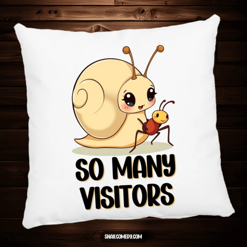 Funny pillow with a surprised snail character meeting a friendly ant, offering comfort and a touch of endearing humor.