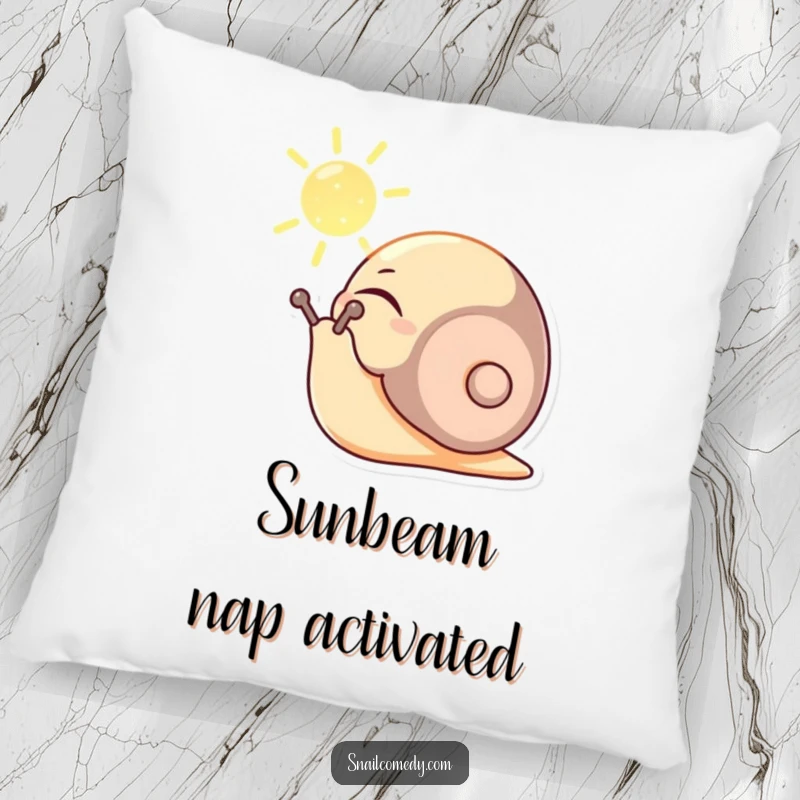 Funny pillow featuring a content snail character basking in a sunbeam, eyes closed peacefully, offering comfort and serene vibes.