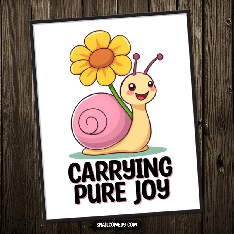Funny digital art print of a snail character joyfully carrying a large, colorful flower.