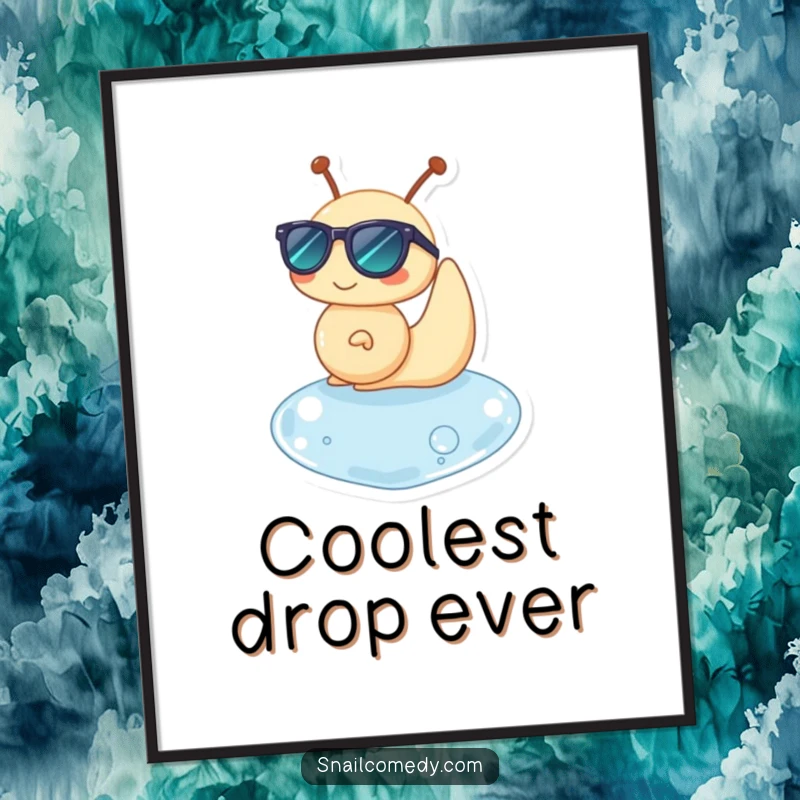 Funny digital art print of a snail character in sunglasses, happily floating on a water drop, cool and serene.