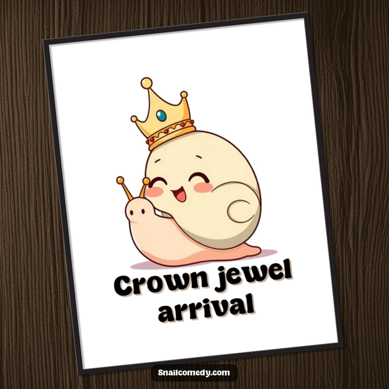 Funny Digital Art Print of a giggling snail king character wearing a tiny crown, exuding royal authority.