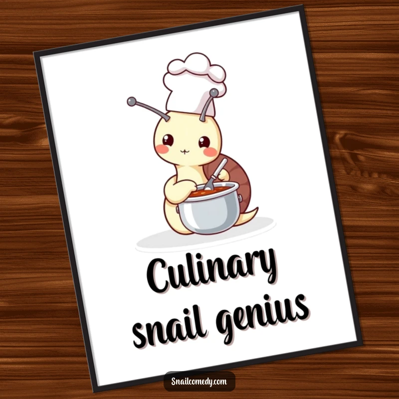 Funny snail chef stirring a tiny soup pot, offered as a digital art print, radiating kitchen humor and charm, a fantastic funny gift.