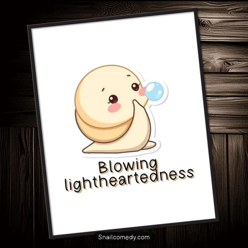 Funny digital art print of a baby snail character playfully blowing a tiny bubble.