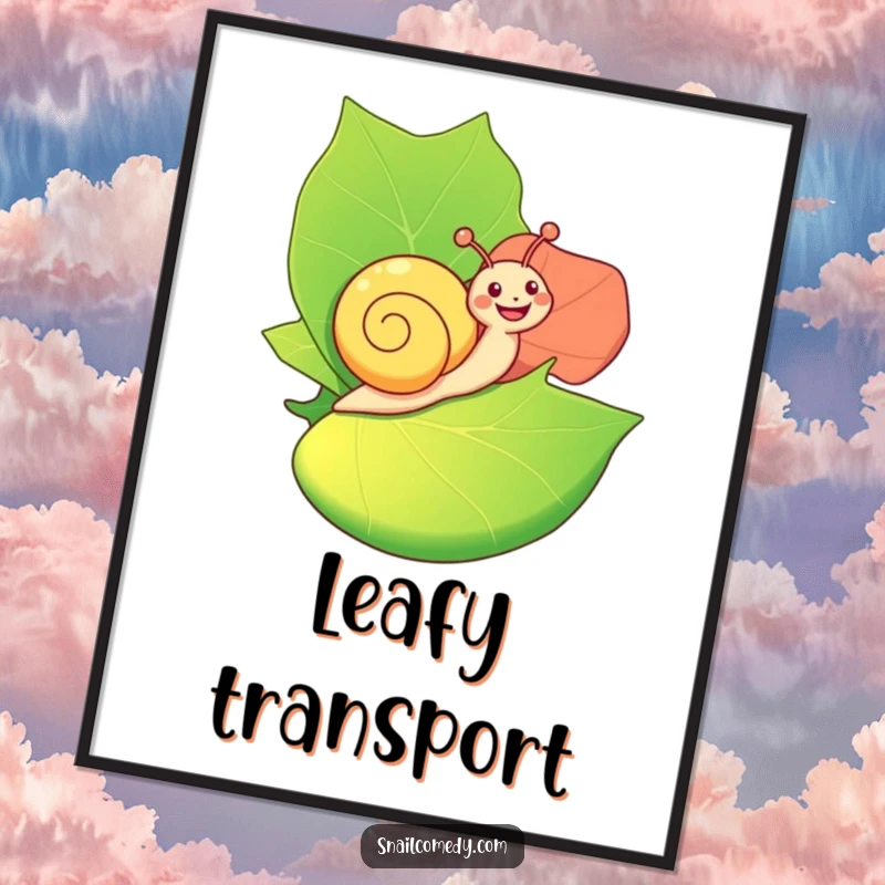 Funny Digital Art Print: A happy snail joyfully rides on a large, colorful leaf, creating a whimsical and cheerful image.