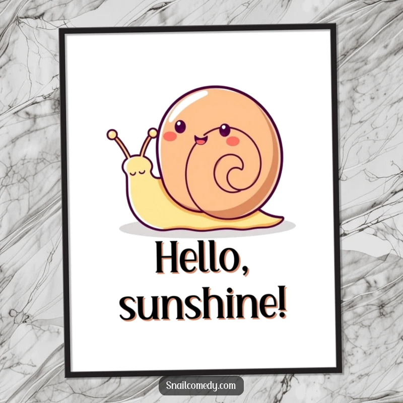 Funny Kawaii snail enthusiastically waving with its antennae, rendered as digital art.