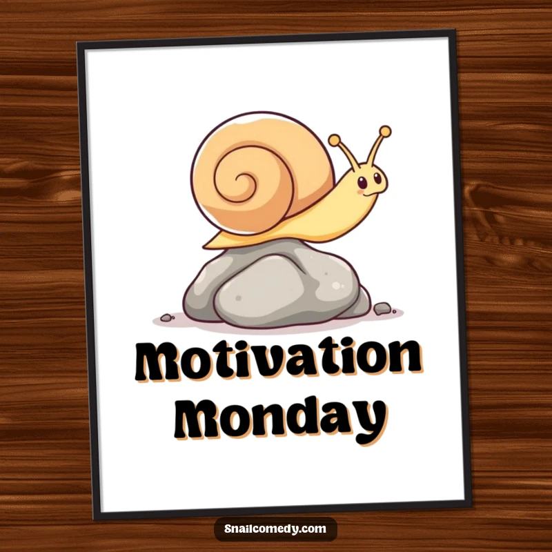 Funny digital art print of a kawaii snail executing a surprisingly agile leap over a small pebble.