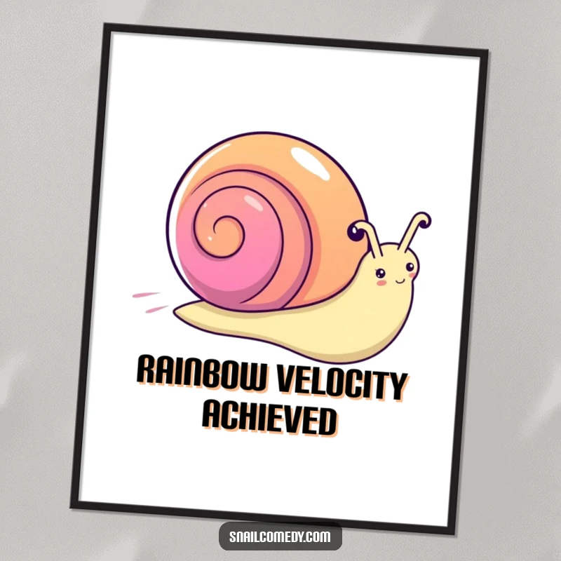 Funny kawaii snail digital art, a snail with a rainbow shell zooming across, showcasing speed and color.