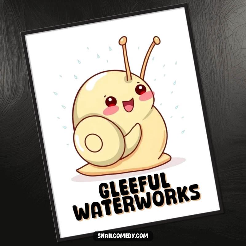 Funny Kawaii Snail Digital Art Print: A gleeful snail gleefully showers in sparkling raindrops, bringing instant happy decor.