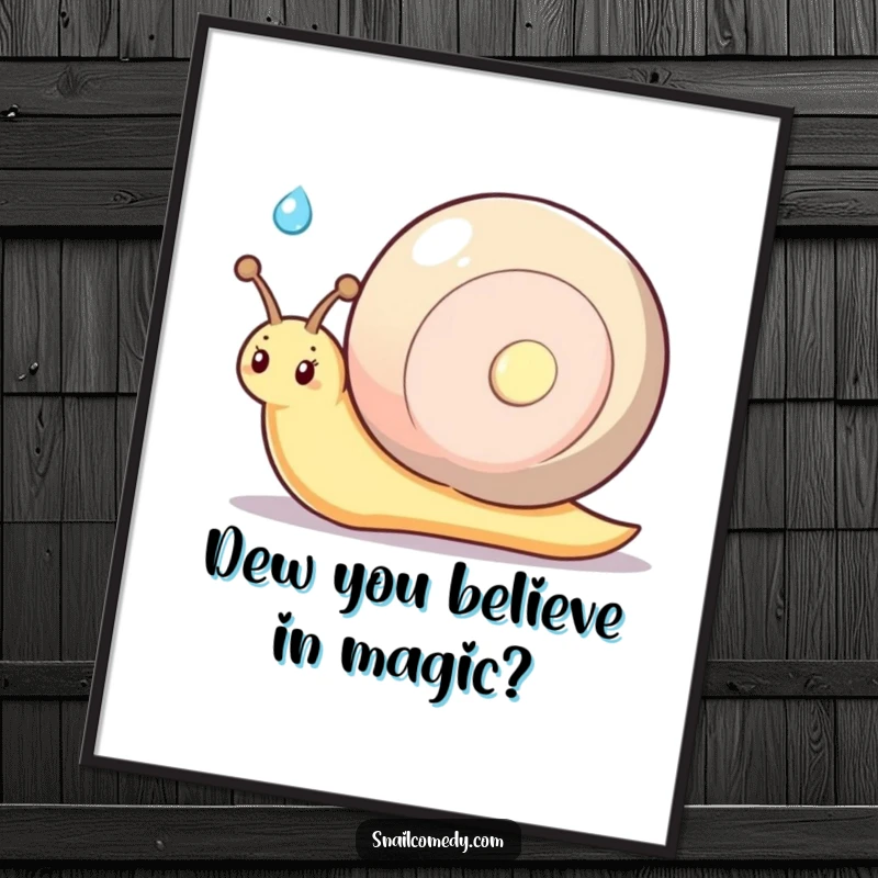 Funny kawaii snail with a shy smile, offering a glistening dewdrop, charming digital art print.