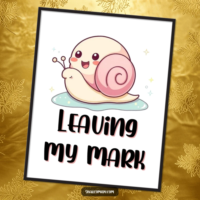 Funny kawaii snail digital art print of a happy snail leaving a sparkling slime trail, offering instant whimsical charm and humor.