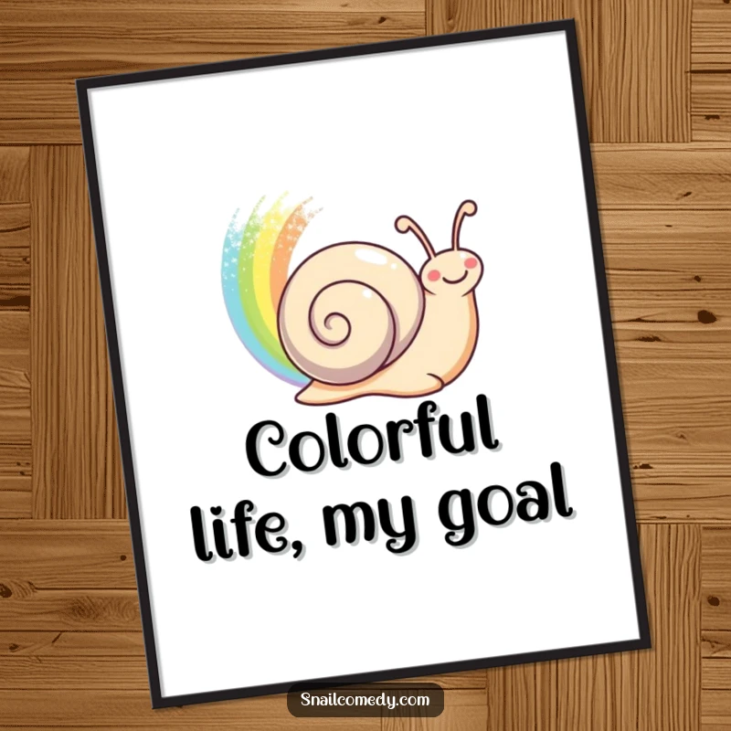 Funny happy snail leaving a shimmering rainbow trail behind on a printable digital art piece, a magical funny gift.