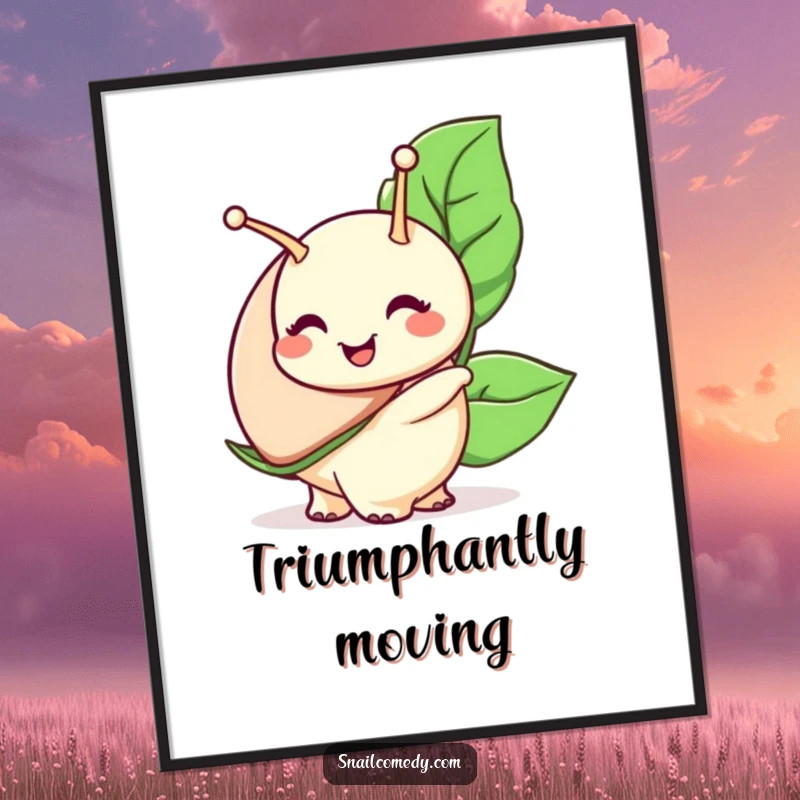 Funny snail digital art print, a snail character with a wide smile carries a large leaf, downloadable art for instant joy.