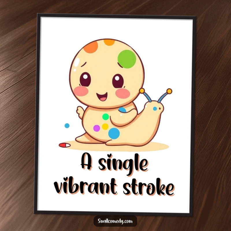 Funny snail digital art print of a snail painting a colorful dot, charming and humorous wall art.