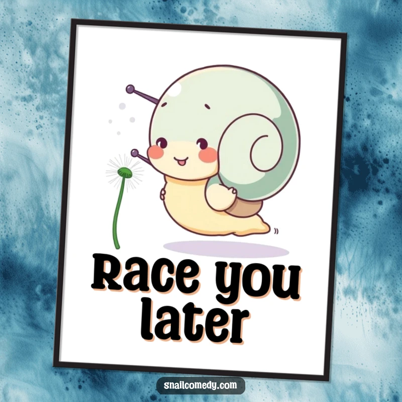 Funny snail digital art print, a snail character happily races a dandelion seed, downloadable art for instant fun.