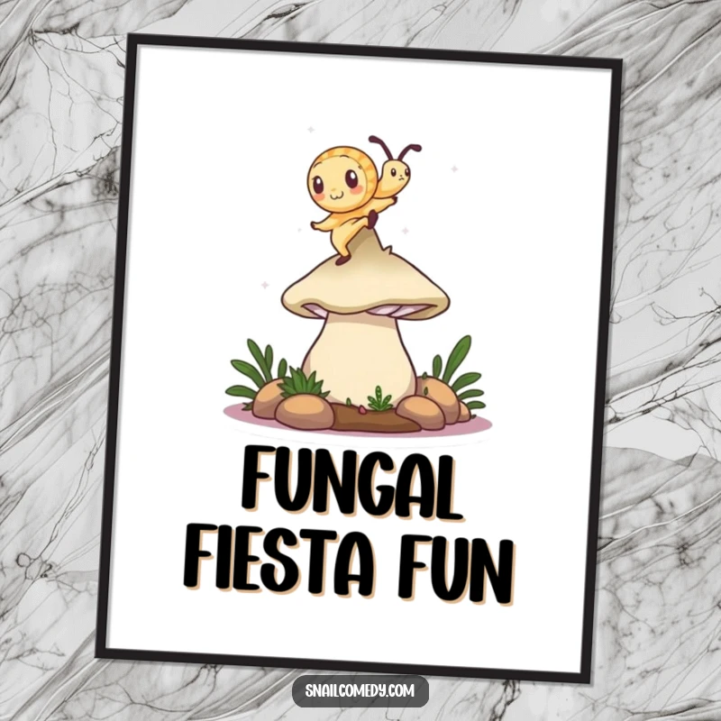 Funny snail digital art print of a snail dancing on a mushroom cap, charming and humorous wall art.