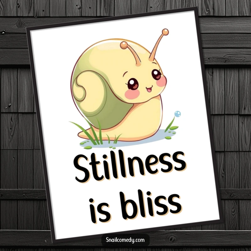 Funny digital art print of a cheerful snail character reaching for a glistening morning dewdrop, offering instant charm and humor.