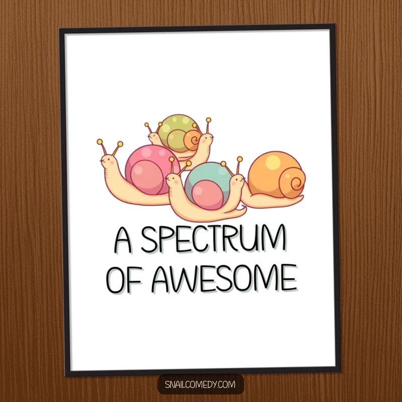 Funny digital art print of snails with colorful shells marching in a line, vibrant and joyful decor.