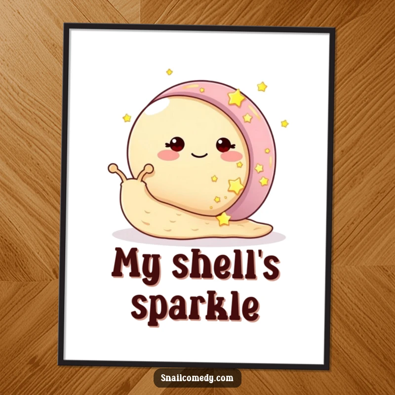 Funny snail digital art print featuring a smiling snail adorning its shell with tiny, glowing stars, creating cosmic allure.