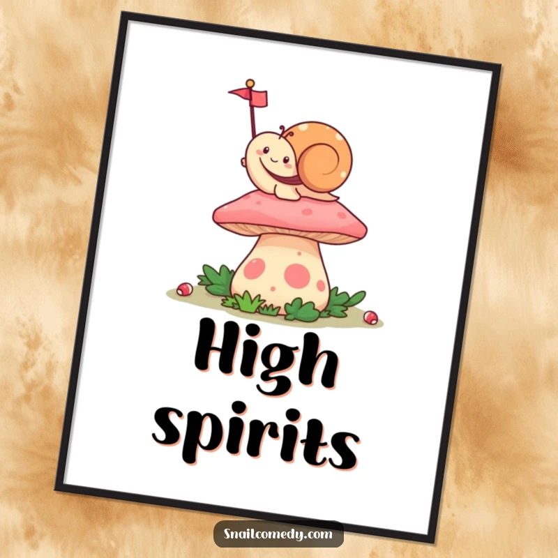 Funny Waving Kawaii Snail Digital Art Print, happily waving a tiny flag from atop a mushroom, creating humorous and joyful wall decor.