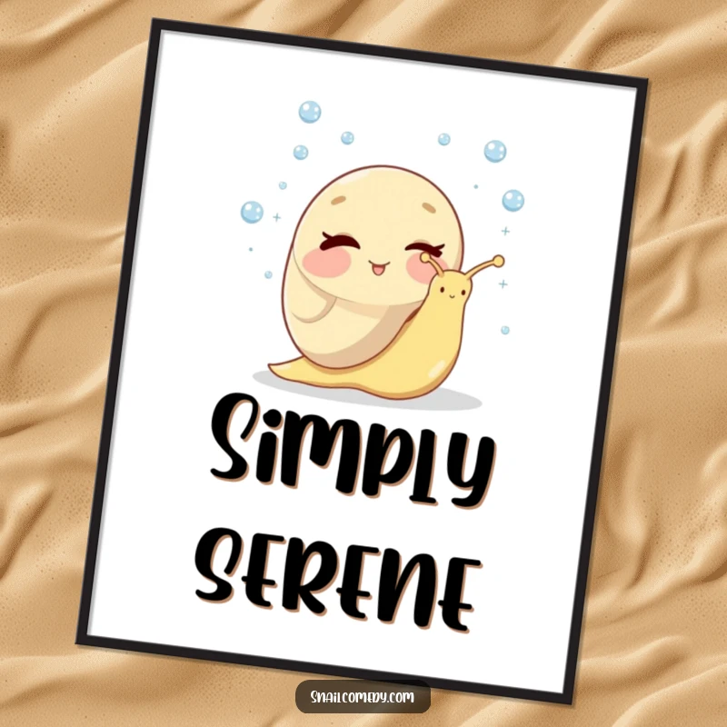 Funny digital art print of a winking snail expertly juggling tiny, glistening dewdrops with a charming and humorous expression.