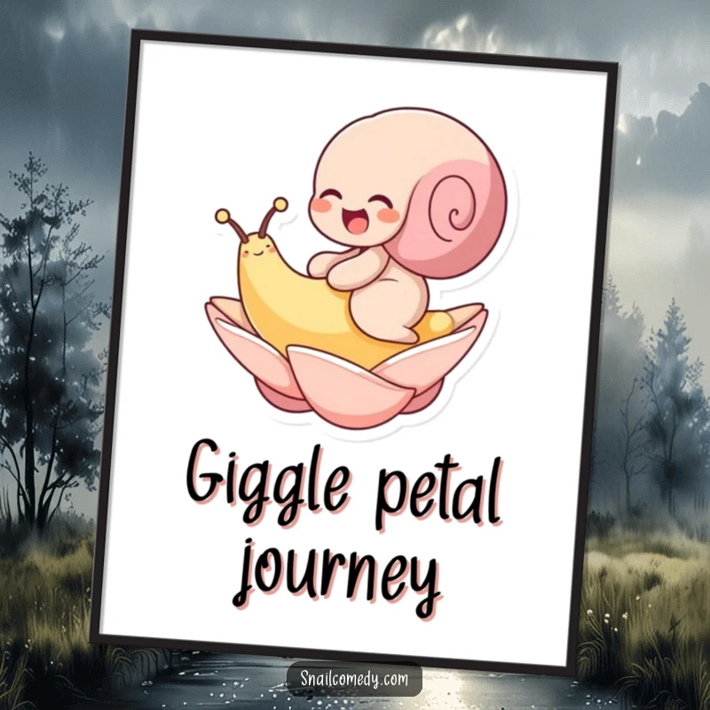 Funny digital art print of a snail giggling while riding a floating petal. Instant joyful decor.