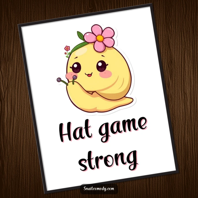 Happy kawaii snail wearing a tiny flower hat, digital art print for cheerful and cute decor.
