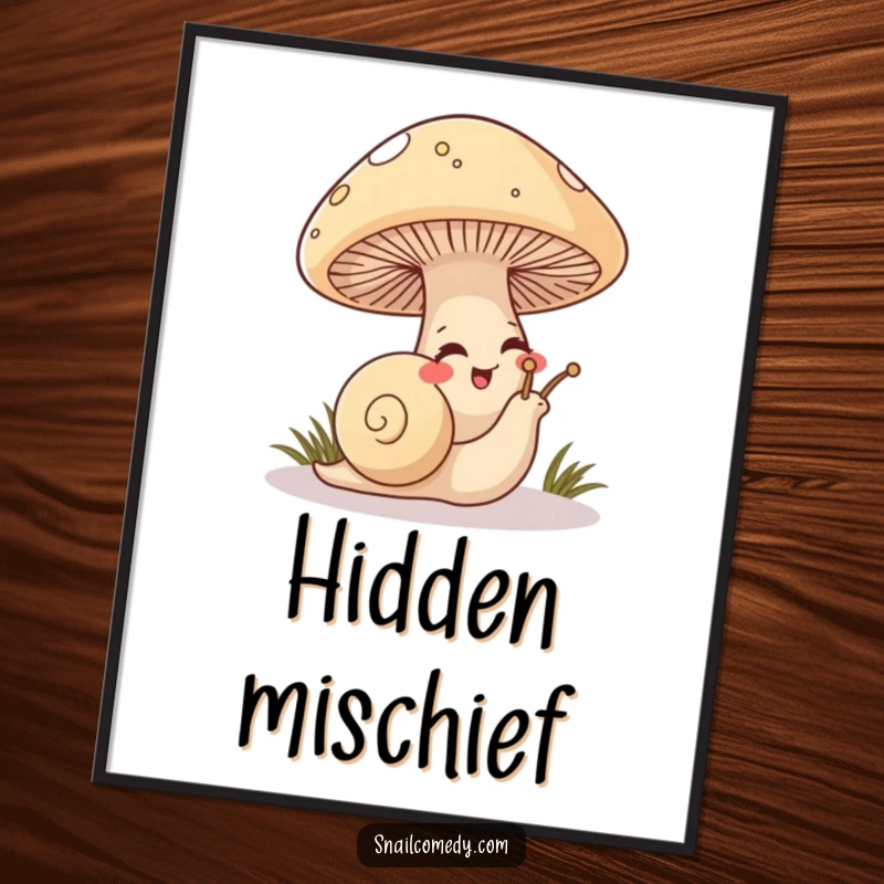Funny Snail Digital Art Print: A mischievous snail peeking from under a mushroom, giggling with playful intent, adding secret fun.
