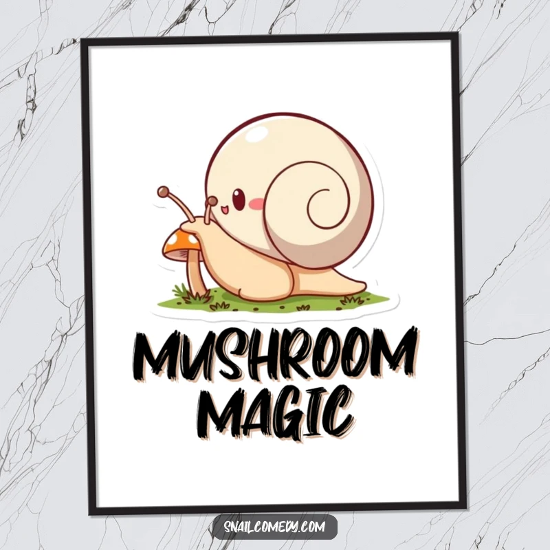 Funny snail digital art print, a snail character enthusiastically explores a tiny mushroom, downloadable art for instant wonder.