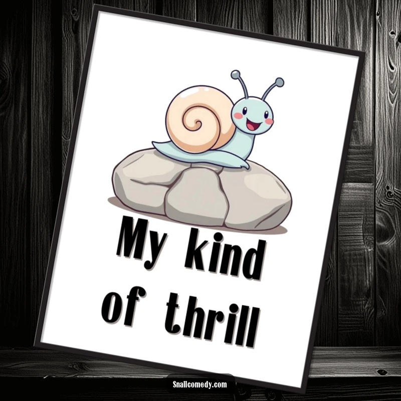 Funny snail sliding down a smooth stone, offered as a digital art print, radiating pure joy and humor, a fantastic funny gift.