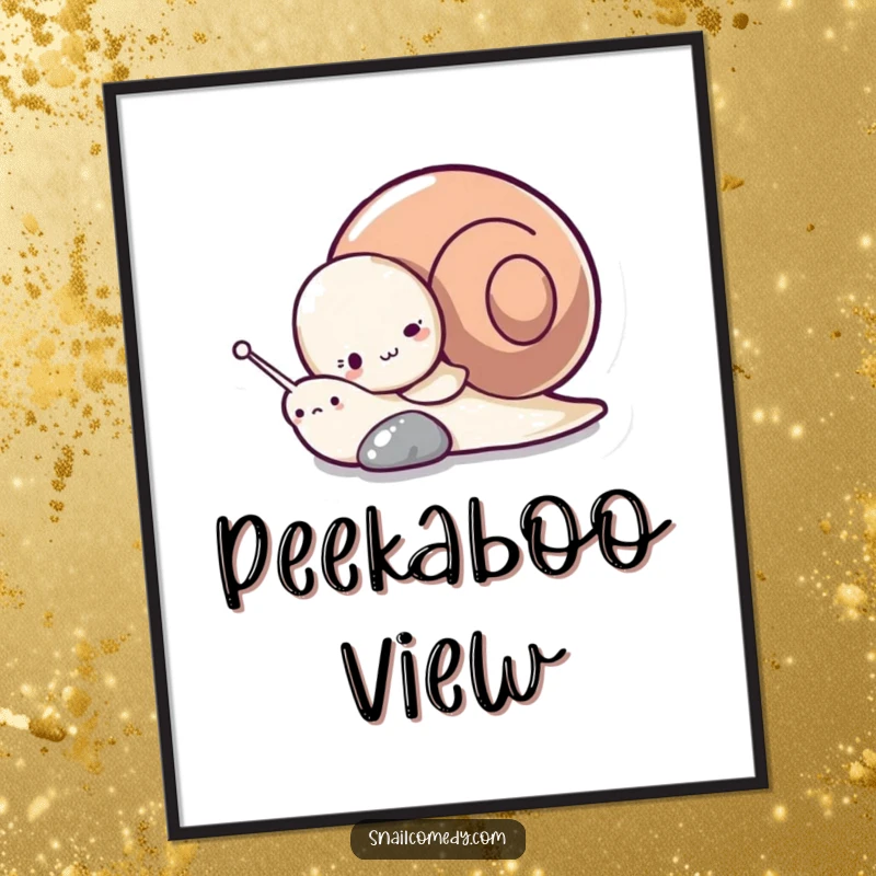 Funny digital art print of a shy snail character peeking from behind a pebble, offering instant charm and playful humor.