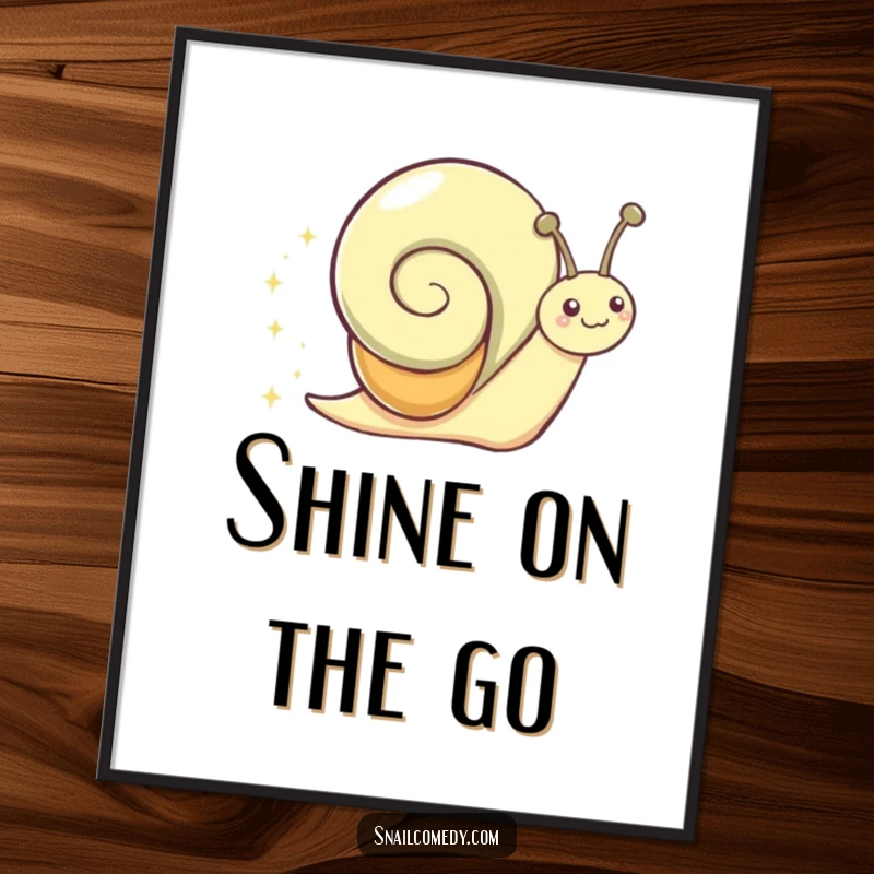 Funny Digital Art Print of a gleeful snail character sliding joyfully, leaving a bright, sparkly trail.