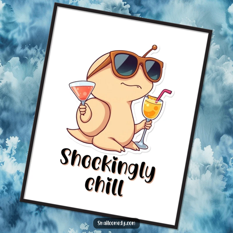 Funny Snail Digital Art Print: A surprised snail wearing oversized sunglasses and holding a cocktail, ready for a fun-filled time.