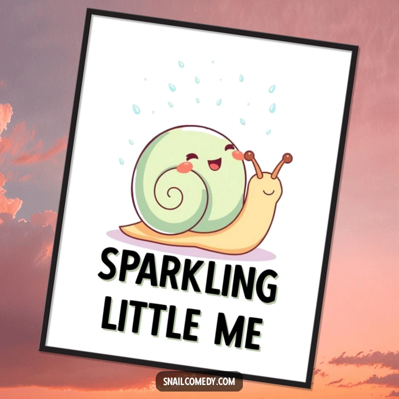 Funny Kawaii Snail Digital Art: Snail showering in sparkling raindrops, cute and joyful, instant funny gift.