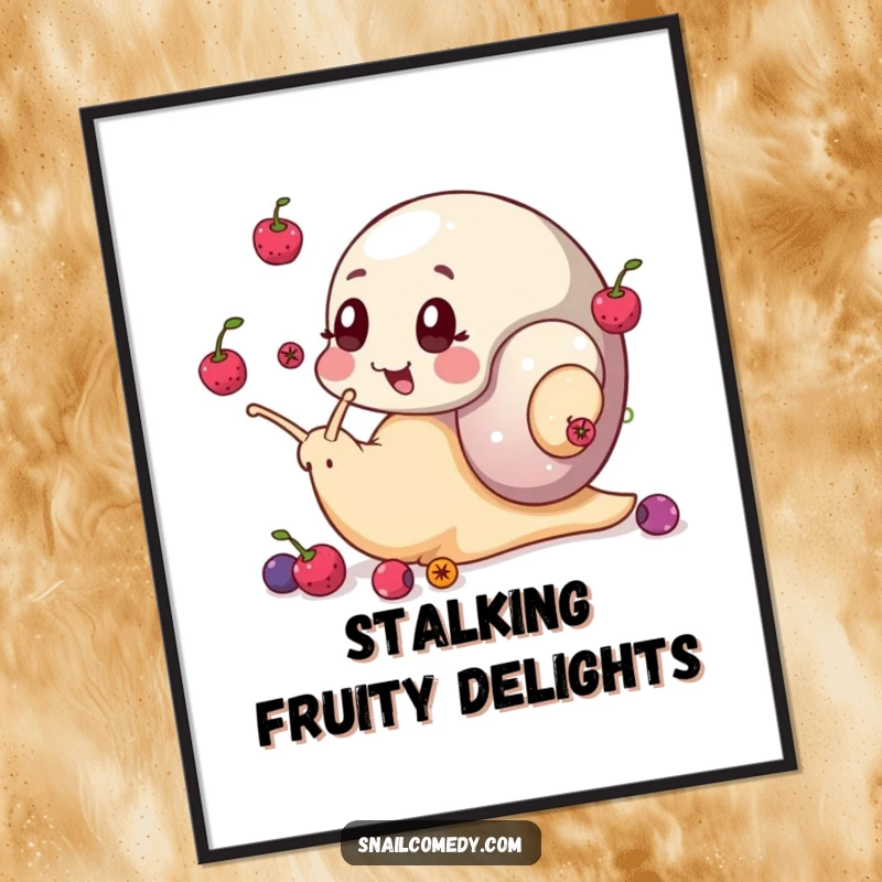 Funny snail digital art print of a snail juggling berries with its eye stalks, charming and humorous wall art.