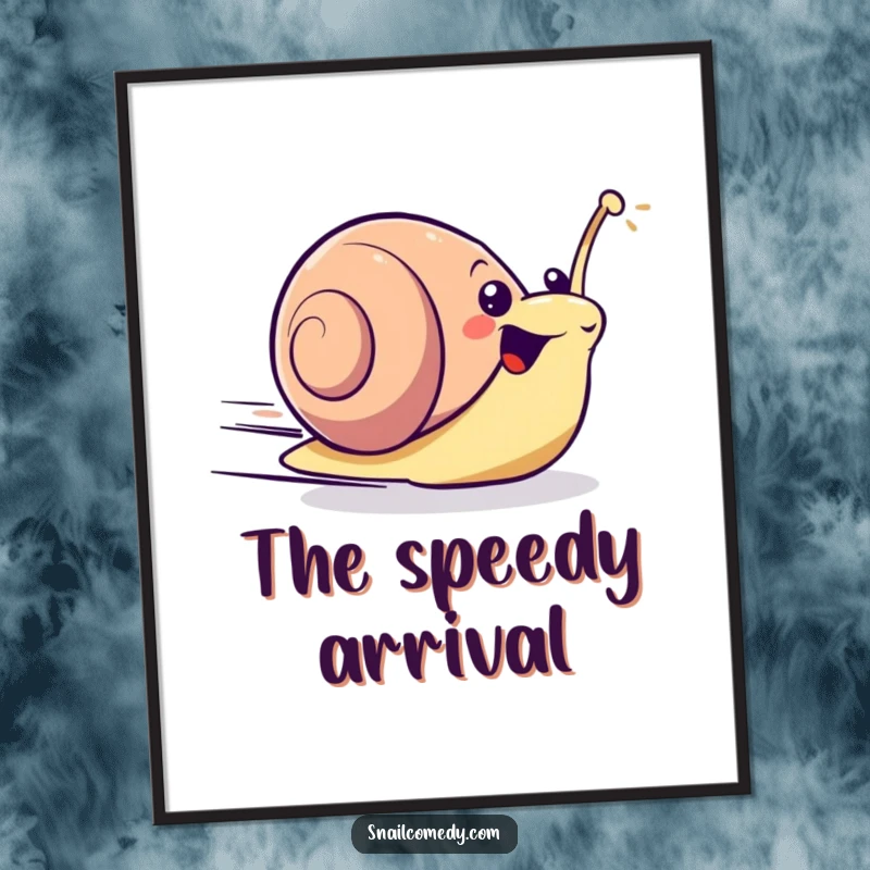 Excited kawaii snail zooming forward with surprising speed, digital art print for energetic and funny decor.