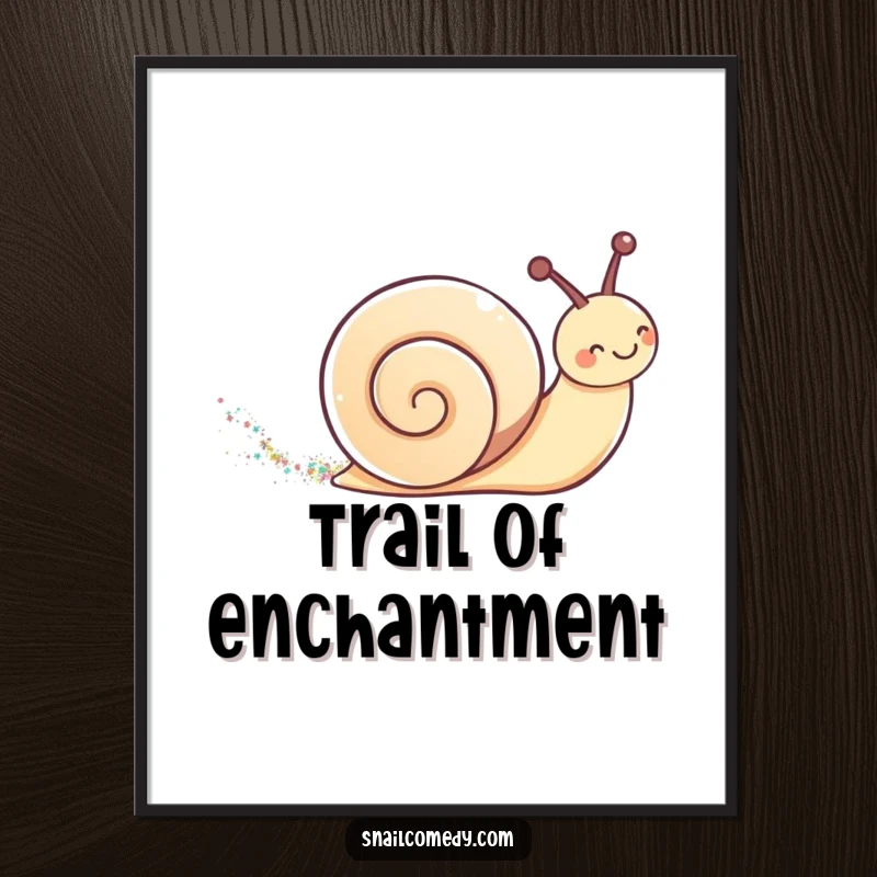 Cute kawaii snail leaving a shimmering glitter trail, digital art print for enchanting and cute decor.