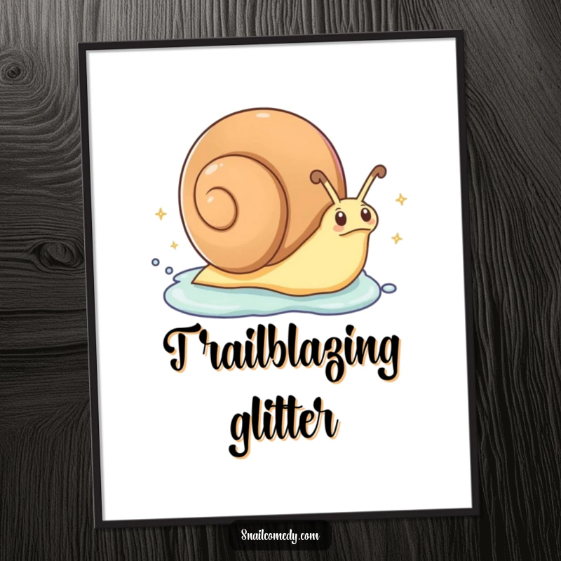 Funny Digital Art Print: An excited snail zips along, leaving a trail of sparkling slime, creating a dynamic and humorous image.