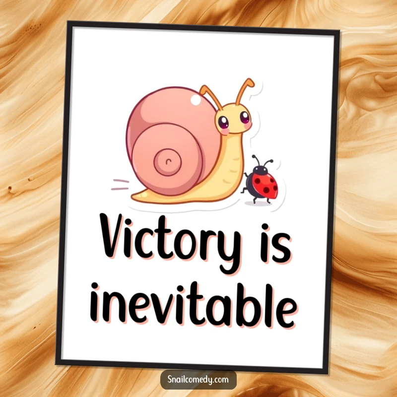 Funny digital art print of a snail character joyfully racing a tiny ladybug, vibrant and humorous wall decor.