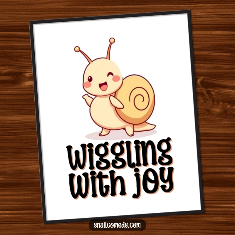 Funny snail digital art print showing a joyful snail dancing a jig with its antennae wiggling, full of life.