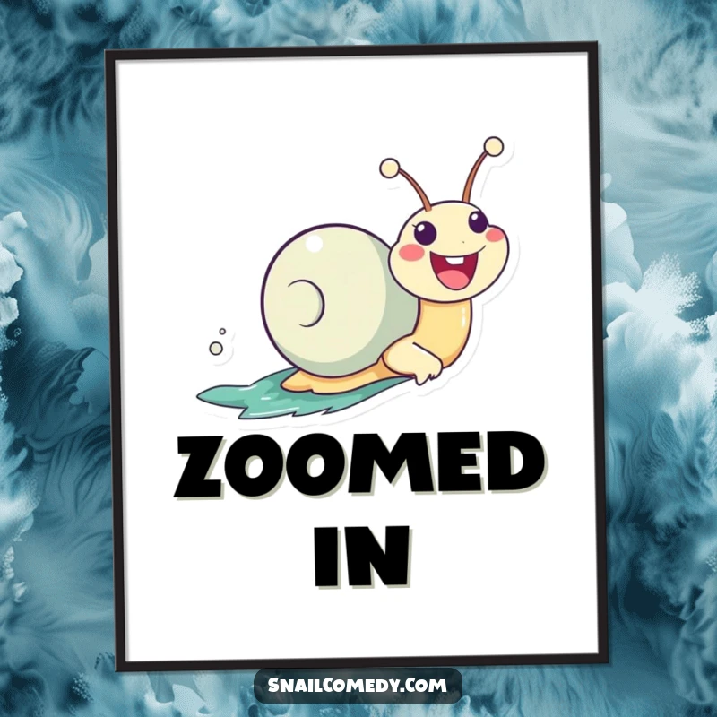 Funny Zooming Kawaii Snail Digital Art Print, zooming with a huge smile and slime trail, creating humorous and joyful wall decor.