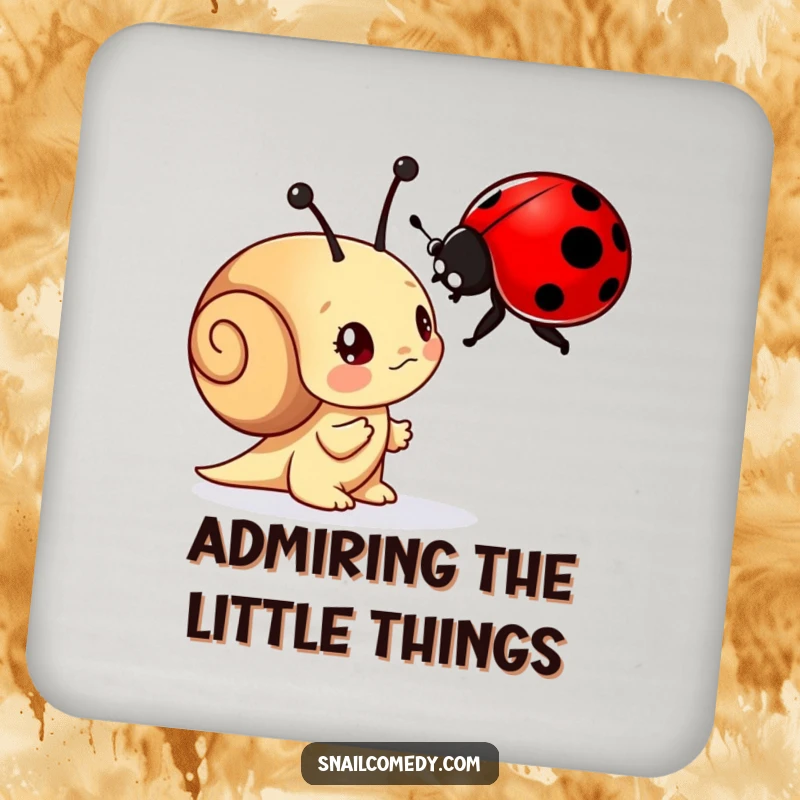 Funny coasters featuring a curious snail character examining a ladybug with wonder, protecting surfaces with nature-inspired art.