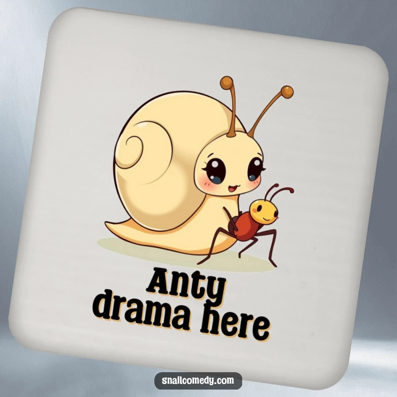 Funny drink coaster with a surprised snail character meeting a friendly ant, offering surface protection with cute, humorous art.