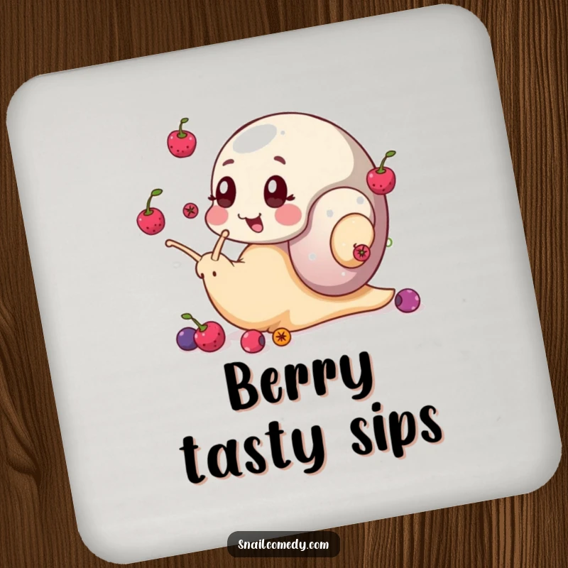 Funny snail coaster featuring a snail juggling berries with its eye stalks, a protective and whimsical addition to any table.