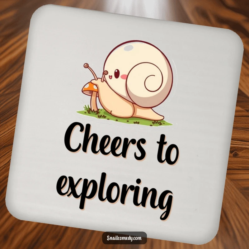 Funny snail coaster, a snail character enthusiastically explores a tiny mushroom, protecting surfaces with curiosity.
