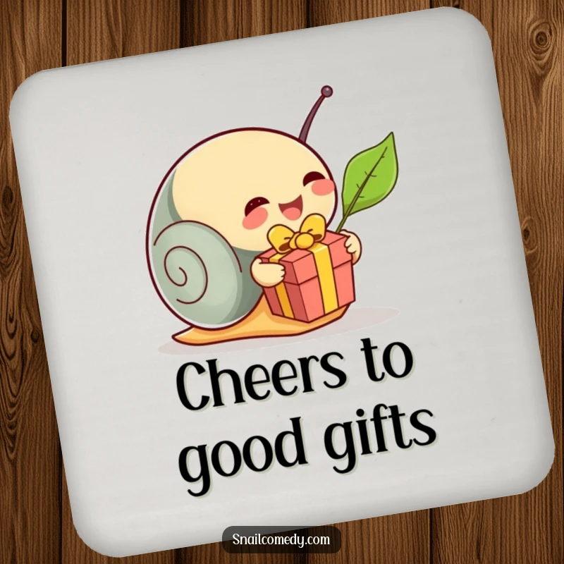 Funny snail unwrapping a leaf present on a protective drink coaster, adding festive humor and charm, a perfect funny gift.
