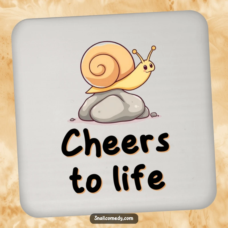 Funny drink coaster featuring a kawaii snail in a moment of surprising agility, leaping over a pebble.