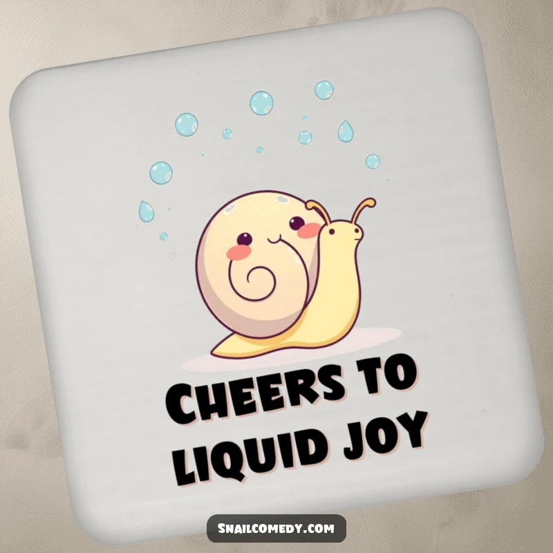 Funny kawaii snail drink coaster, a happy snail juggling raindrops, adding cheer to surfaces.